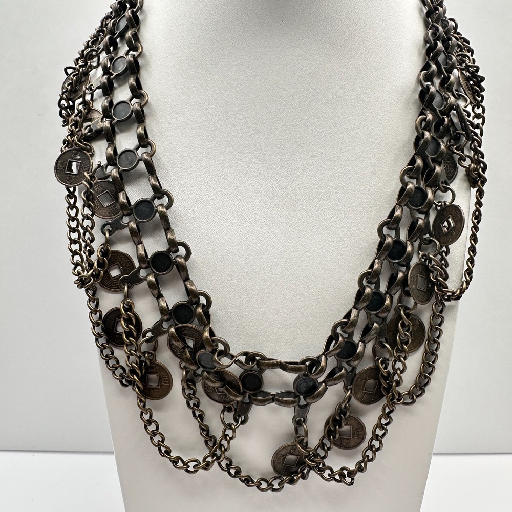 Vintage 90s Multi-Layer Coin Statement Necklace Boho Chunky Bib Bronze